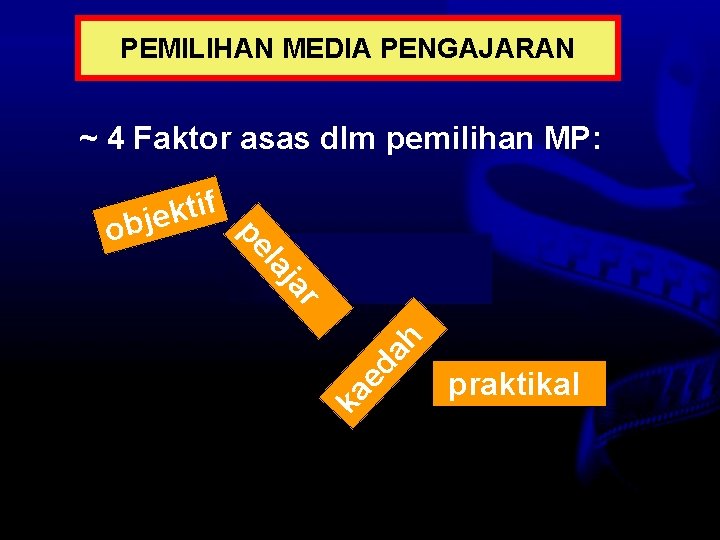 PEMILIHAN MEDIA PENGAJARAN ~ 4 Faktor asas dlm pemilihan MP: ka ed ah r