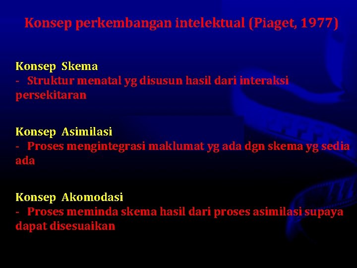 Konsep perkembangan intelektual (Piaget, 1977) Konsep Skema - Struktur menatal yg disusun hasil dari