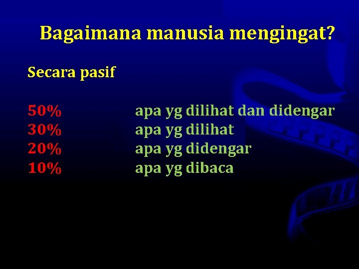 Bagaimana manusia mengingat? Secara pasif 50% 30% 20% 10% apa yg dilihat dan didengar