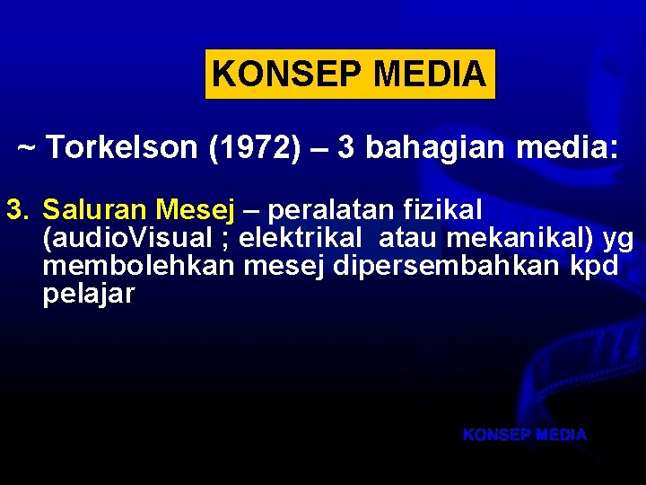 KONSEP REKA BENTUK PENGAJARAN KONSEP MEDIA ~ Torkelson (1972) – 3 bahagian media: 3.