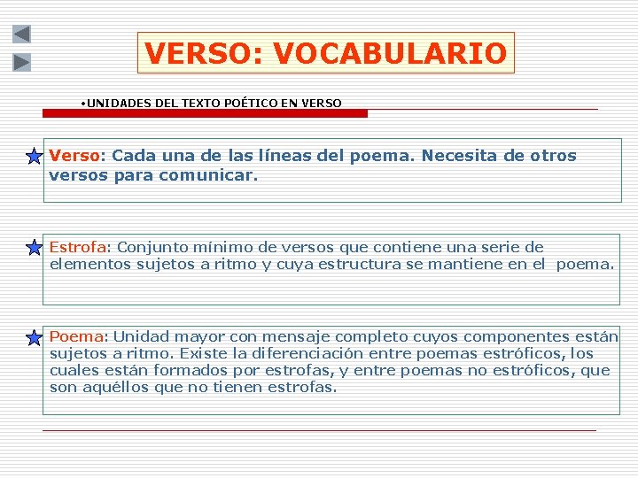 VERSO: VOCABULARIO • UNIDADES DEL TEXTO POÉTICO EN VERSO Verso: Cada una de las VERSO: VOCABULARIO • UNIDADES DEL TEXTO POÉTICO EN VERSO Verso: Cada una de las