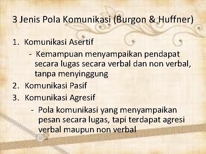 3 Jenis Pola Komunikasi (Burgon & Huffner) 1. Komunikasi Asertif - Kemampuan menyampaikan pendapat