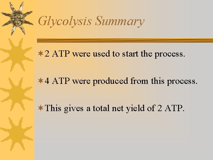 Glycolysis Summary ¬ 2 ATP were used to start the process. ¬ 4 ATP Glycolysis Summary ¬ 2 ATP were used to start the process. ¬ 4 ATP