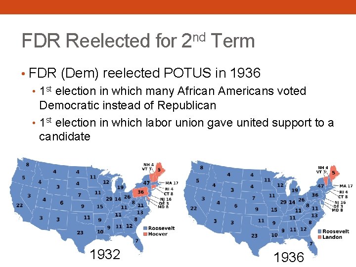 FDR Reelected for 2 nd Term • FDR (Dem) reelected POTUS in 1936 •