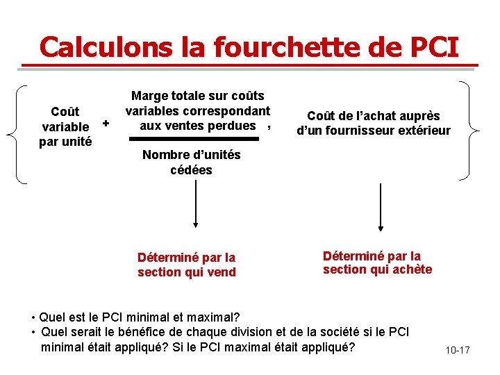 Calculons la fourchette de PCI Coût variable + par unité Marge totale sur coûts Calculons la fourchette de PCI Coût variable + par unité Marge totale sur coûts