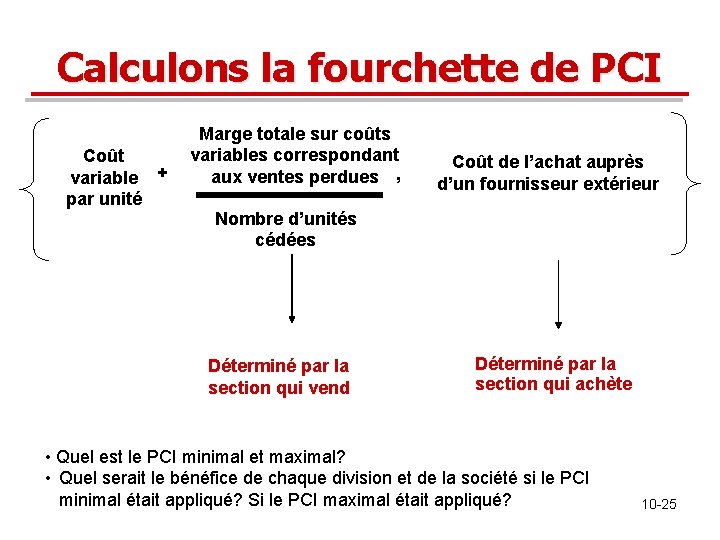 Calculons la fourchette de PCI Coût variable + par unité Marge totale sur coûts Calculons la fourchette de PCI Coût variable + par unité Marge totale sur coûts