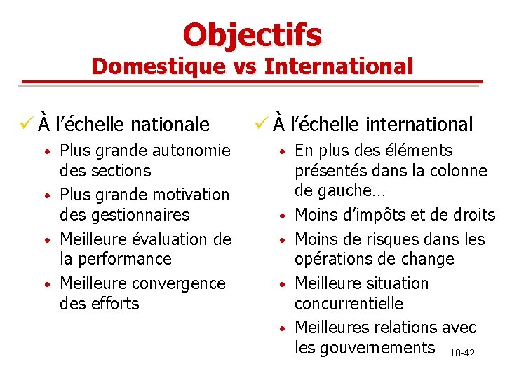Objectifs Domestique vs International ü À l’échelle nationale Plus grande autonomie des sections • Objectifs Domestique vs International ü À l’échelle nationale Plus grande autonomie des sections •