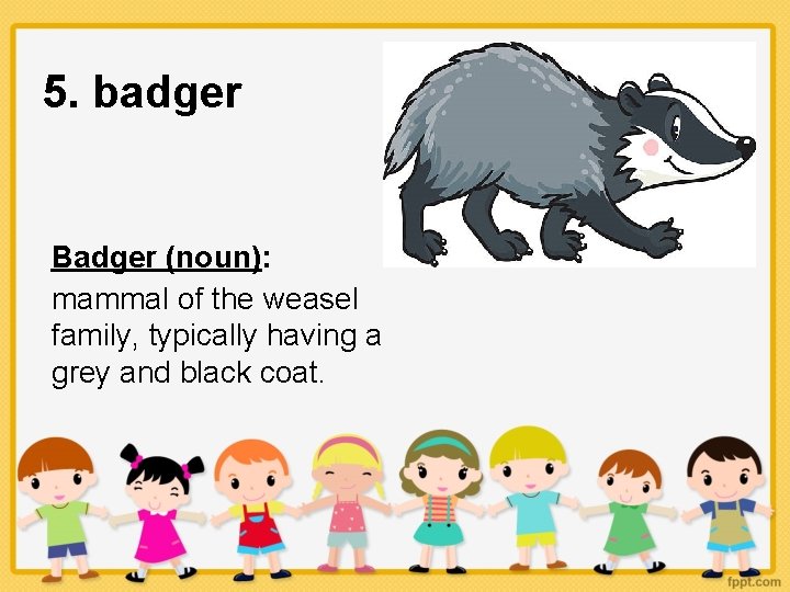 5. badger Badger (noun): mammal of the weasel family, typically having a grey and