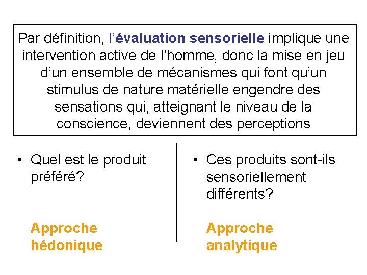 Par définition, l’évaluation sensorielle implique une intervention active de l’homme, donc la mise en Par définition, l’évaluation sensorielle implique une intervention active de l’homme, donc la mise en