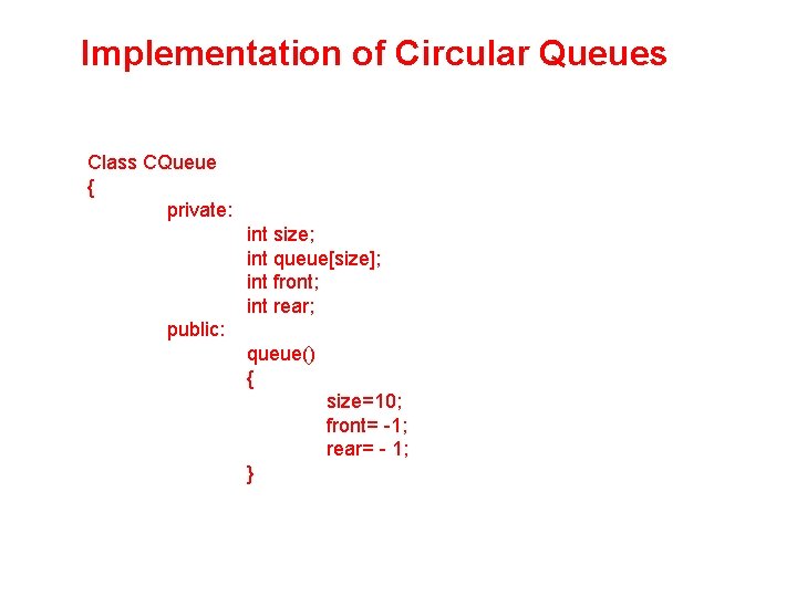 Implementation of Circular Queues Class CQueue { private: int size; int queue[size]; int front;