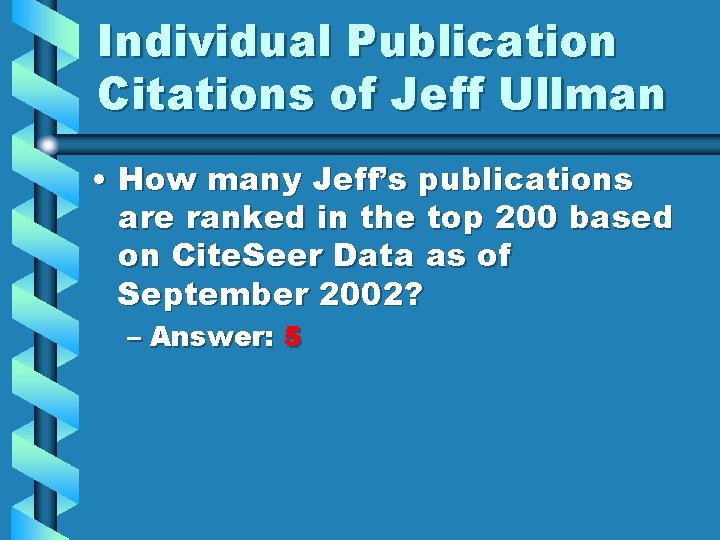 Individual Publication Citations of Jeff Ullman • How many Jeff’s publications are ranked in Individual Publication Citations of Jeff Ullman • How many Jeff’s publications are ranked in