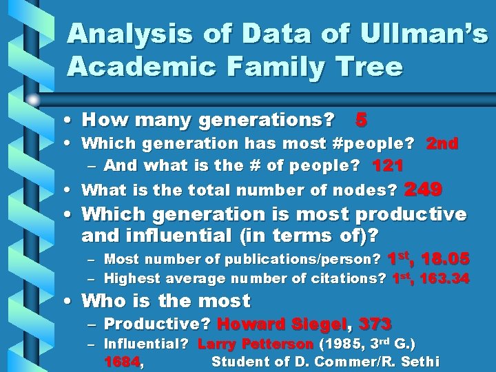 Analysis of Data of Ullman’s Academic Family Tree • How many generations? 5 • Analysis of Data of Ullman’s Academic Family Tree • How many generations? 5 •