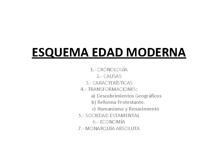 ESQUEMA EDAD MODERNA 1. - CRONOLOGÍA 2. - CAUSAS 3. - CARACTERÍSTICAS 4. -