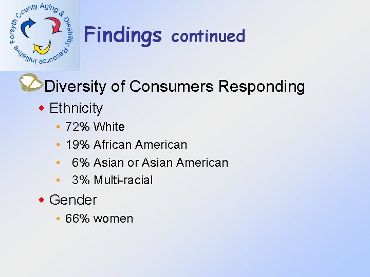 Findings continued Diversity of Consumers Responding w Ethnicity • • 72% White 19% African