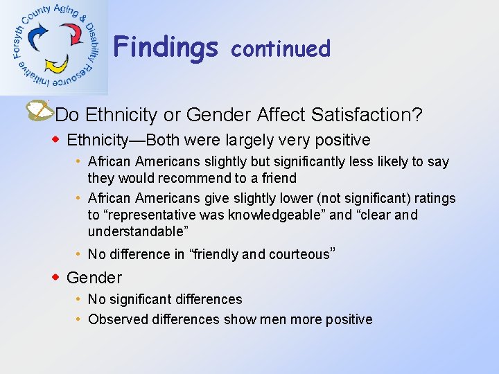 Findings continued Do Ethnicity or Gender Affect Satisfaction? w Ethnicity—Both were largely very positive