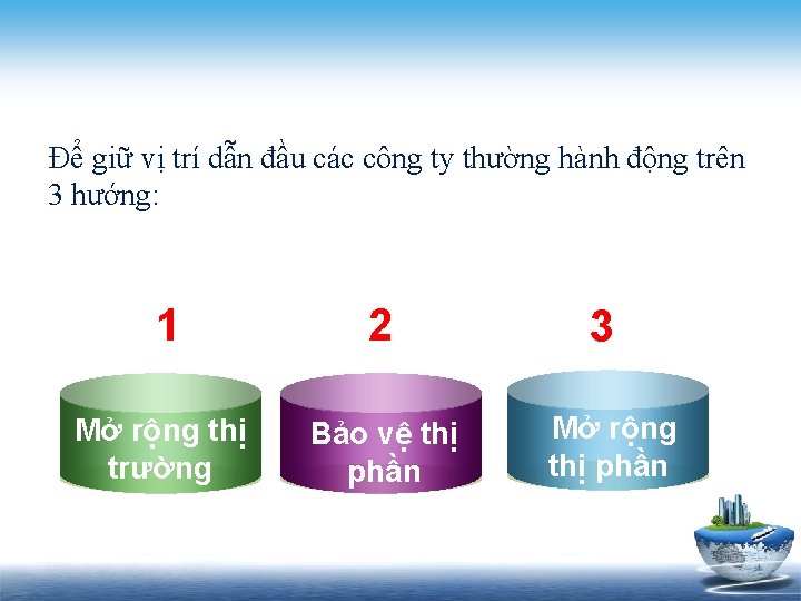 Để giữ vị trí dẫn đầu các công ty thường hành động trên 3