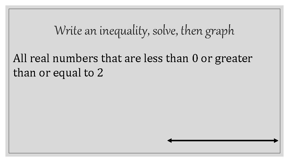 Write an inequality, solve, then graph All real numbers that are less than 0