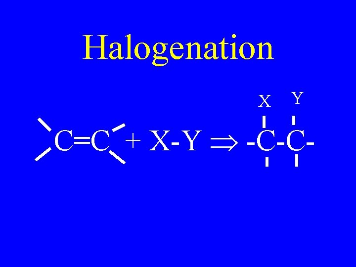 Halogenation X Y C=C + X-Y -C-C- 