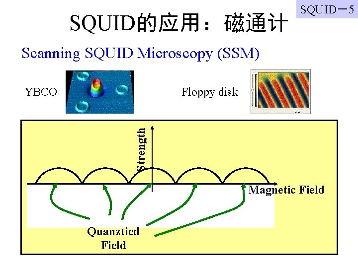 SQUID的应用：磁通计 SQUID－5 Scanning SQUID Microscopy (SSM) Floppy disk Strength YBCO Magnetic Field Quanztied Field