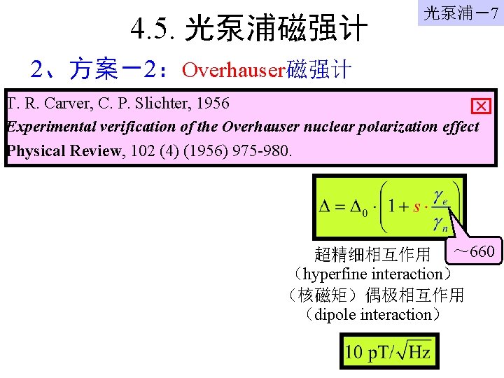 4. 5. 光泵浦磁强计 光泵浦－7 2、方案－2：Overhauser磁强计 T. R. Carver, C. P. Slichter, 1956 Experimental verification
