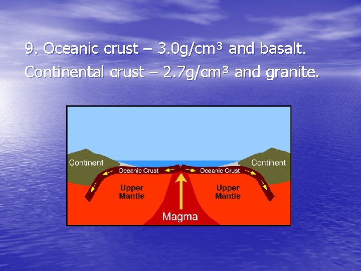 9. Oceanic crust – 3. 0 g/cm³ and basalt. Continental crust – 2. 7 9. Oceanic crust – 3. 0 g/cm³ and basalt. Continental crust – 2. 7