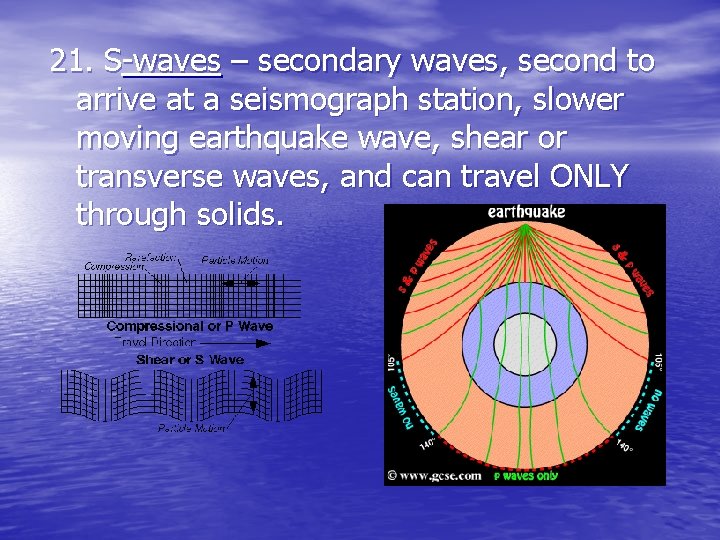 21. S-waves – secondary waves, second to arrive at a seismograph station, slower moving 21. S-waves – secondary waves, second to arrive at a seismograph station, slower moving