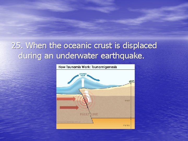 25. When the oceanic crust is displaced during an underwater earthquake. 25. When the oceanic crust is displaced during an underwater earthquake.
