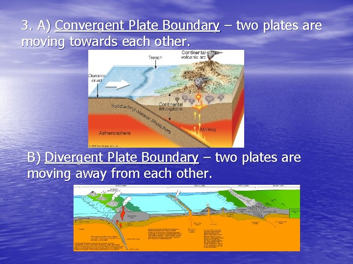 3. A) Convergent Plate Boundary – two plates are moving towards each other. B) 3. A) Convergent Plate Boundary – two plates are moving towards each other. B)