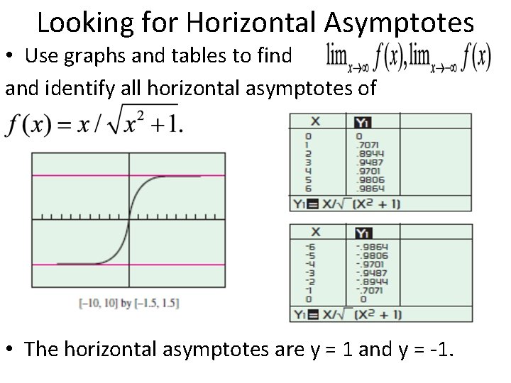 Looking for Horizontal Asymptotes • Use graphs and tables to find and identify all