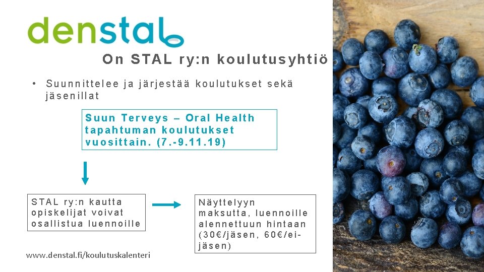 On STAL ry: n koulutusyhtiö • Suunnittelee ja järjestää koulutukset sekä jäsenillat Suun Terveys