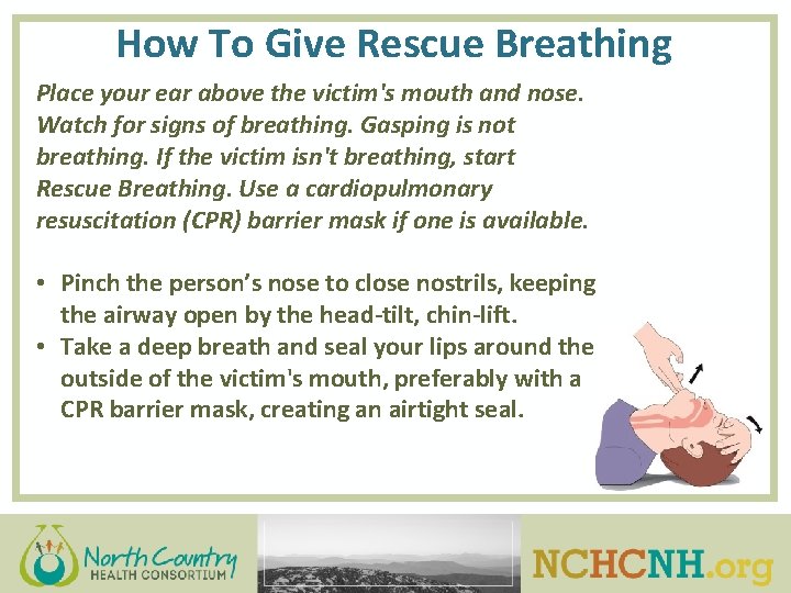 How To Give Rescue Breathing Place your ear above the victim's mouth and nose.