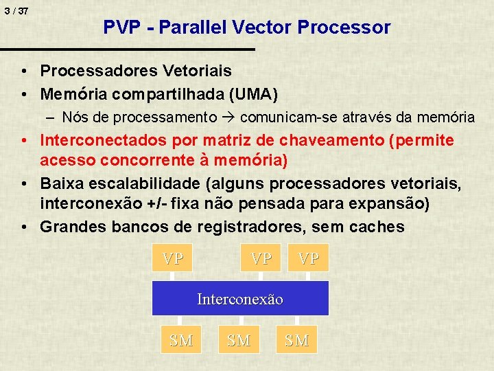 3 / 37 PVP - Parallel Vector Processor • Processadores Vetoriais • Memória compartilhada