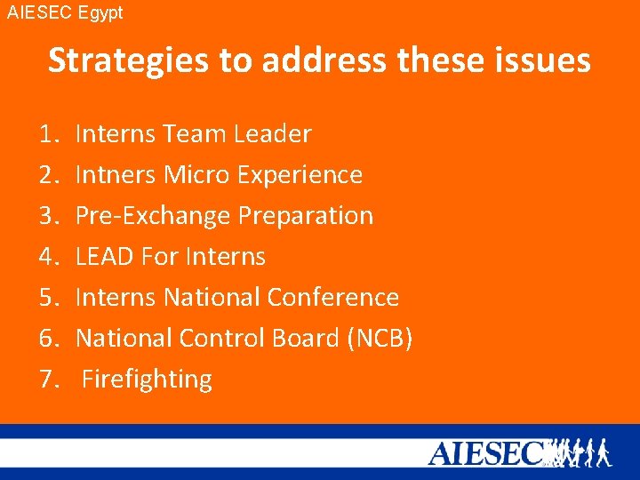 AIESEC Egypt Strategies to address these issues 1. 2. 3. 4. 5. 6. 7.