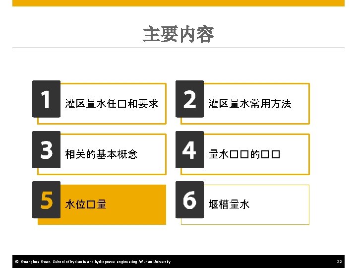 主要内容 灌区量水任�和要求 灌区量水常用方法 相关的基本概念 量水��的�� 水位�量 堰槽量水 © Guanghua Guan, School of hydraulic and