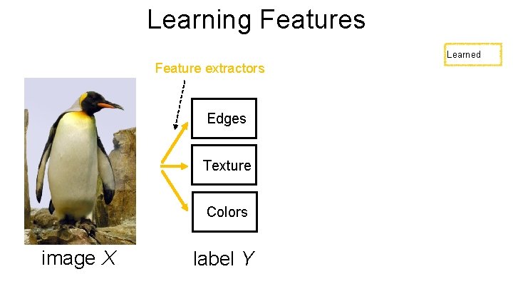 Learning Features Learned Feature extractors Edges Texture Colors image X label Y 