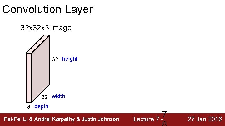 Convolution Layer 32 x 3 image 32 height 32 width 3 depth Fei-Fei Li