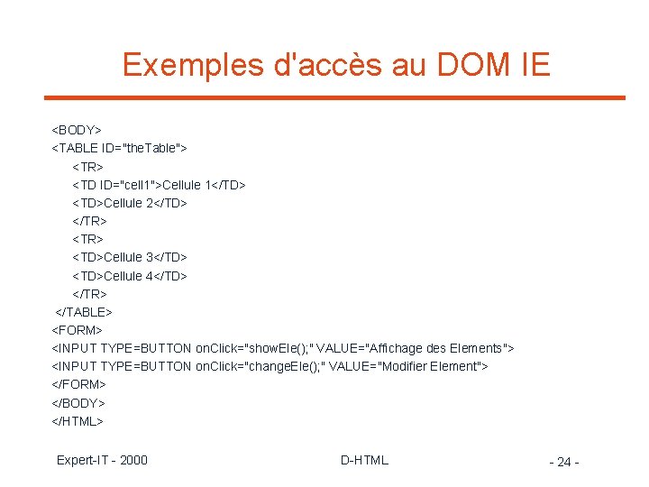 Exemples d'accès au DOM IE <BODY> <TABLE ID="the. Table"> <TR> <TD ID="cell 1">Cellule 1</TD>