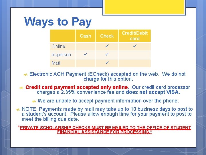 Ways to Pay Cash Online In-person Mail Credit/Debit card Electronic ACH Payment (ECheck) accepted