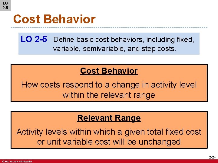 LO 2 -5 Cost Behavior LO 2 -5 Define basic cost behaviors, including fixed,
