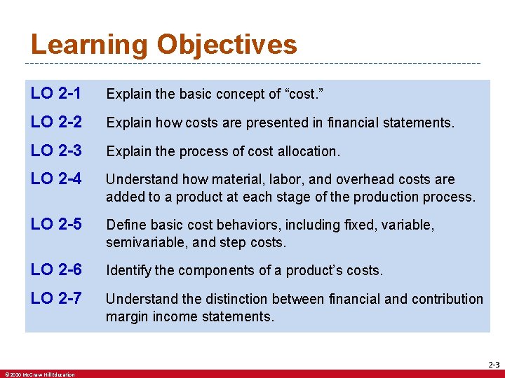 Learning Objectives LO 2 -1 Explain the basic concept of “cost. ” LO 2