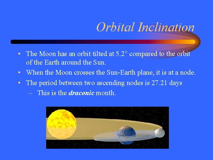 Orbital Inclination • The Moon has an orbit tilted at 5. 2° compared to