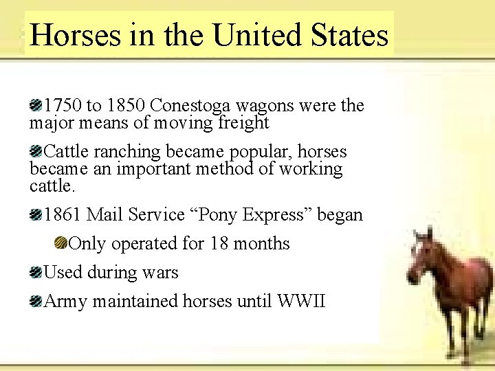 Horses in the United States 1750 to 1850 Conestoga wagons were the major means Horses in the United States 1750 to 1850 Conestoga wagons were the major means