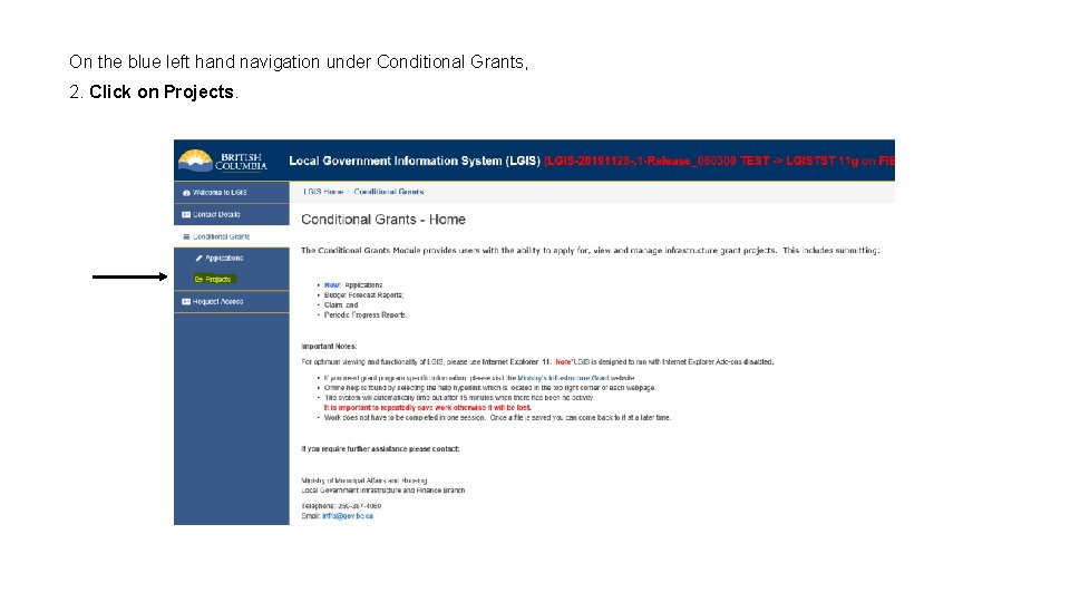 On the blue left hand navigation under Conditional Grants, 2. Click on Projects. 