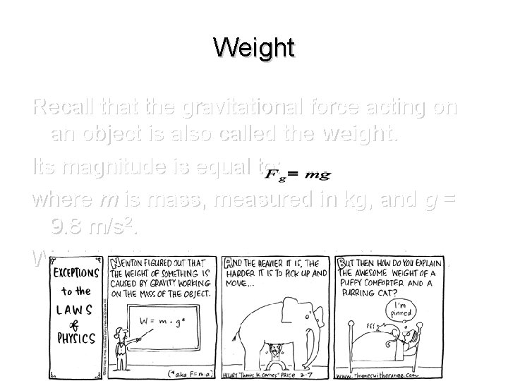 Weight Recall that the gravitational force acting on an object is also called the