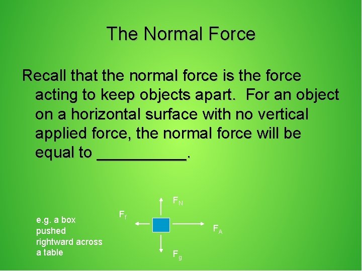 The Normal Force Recall that the normal force is the force acting to keep