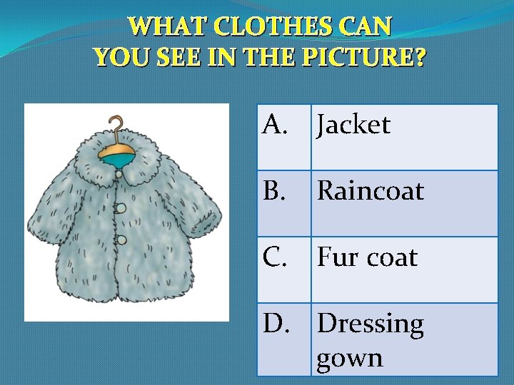 WHAT CLOTHES CAN YOU SEE IN THE PICTURE? A. Jacket B. Raincoat C. Fur