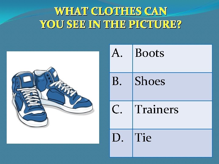 WHAT CLOTHES CAN YOU SEE IN THE PICTURE? A. Boots B. Shoes C. Trainers