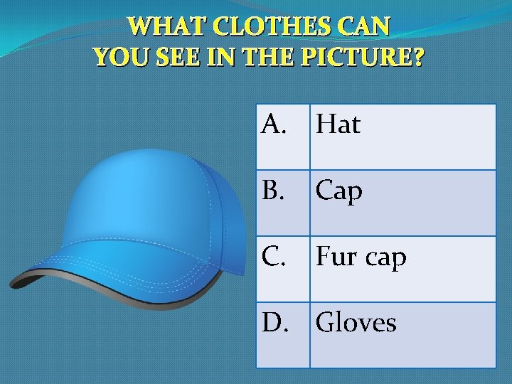 WHAT CLOTHES CAN YOU SEE IN THE PICTURE? A. Hat B. Cap C. Fur