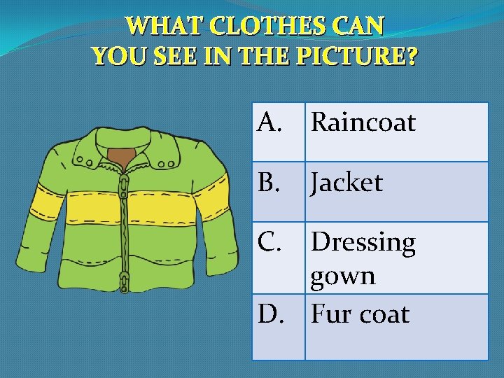 WHAT CLOTHES CAN YOU SEE IN THE PICTURE? A. Raincoat B. Jacket C. Dressing
