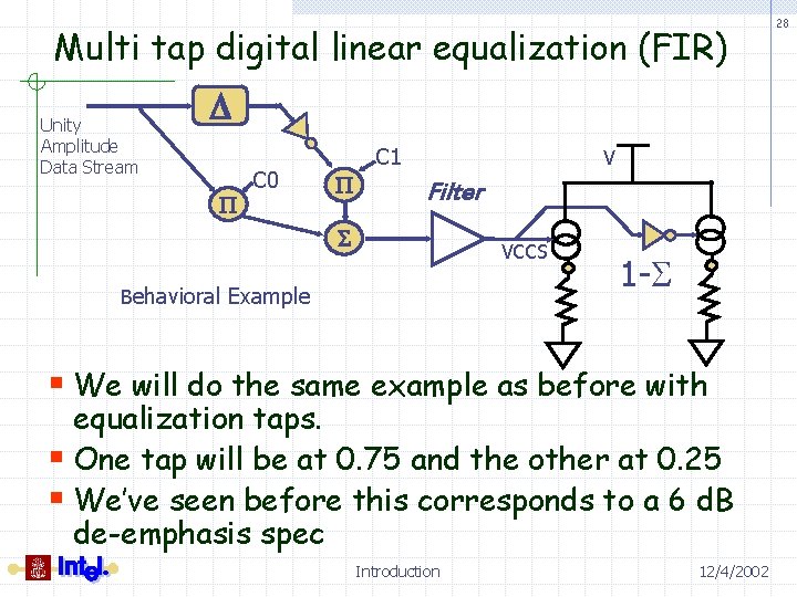 Multi tap digital linear equalization (FIR) Unity Amplitude Data Stream D P C 0